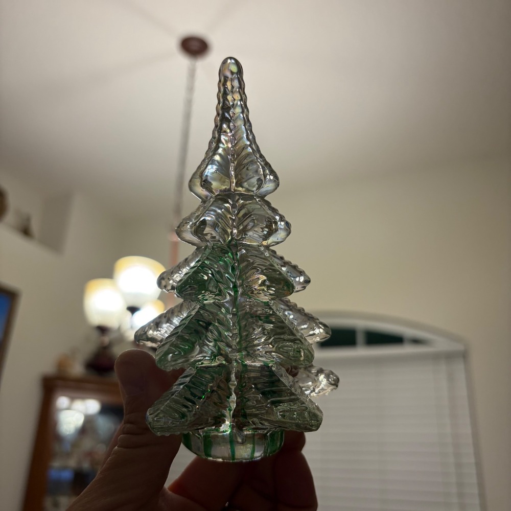 VTG Iridescent Art Glass Christmas Tree Figurine Green Core Clear Textured 5.5